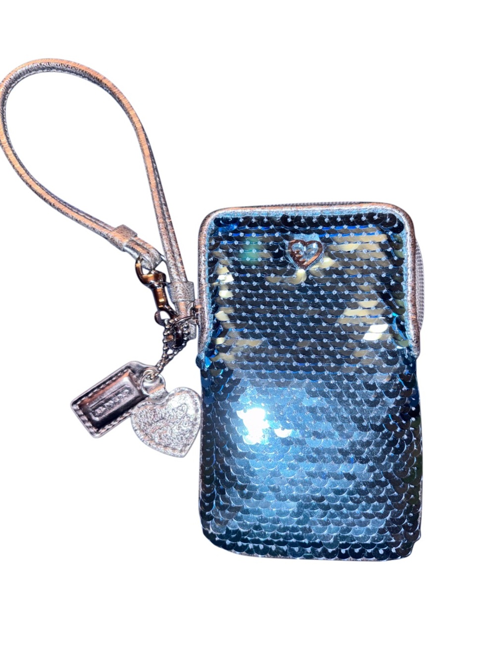 Coach Poppy Chambray Sequin Wristlet Phone Case with Charms